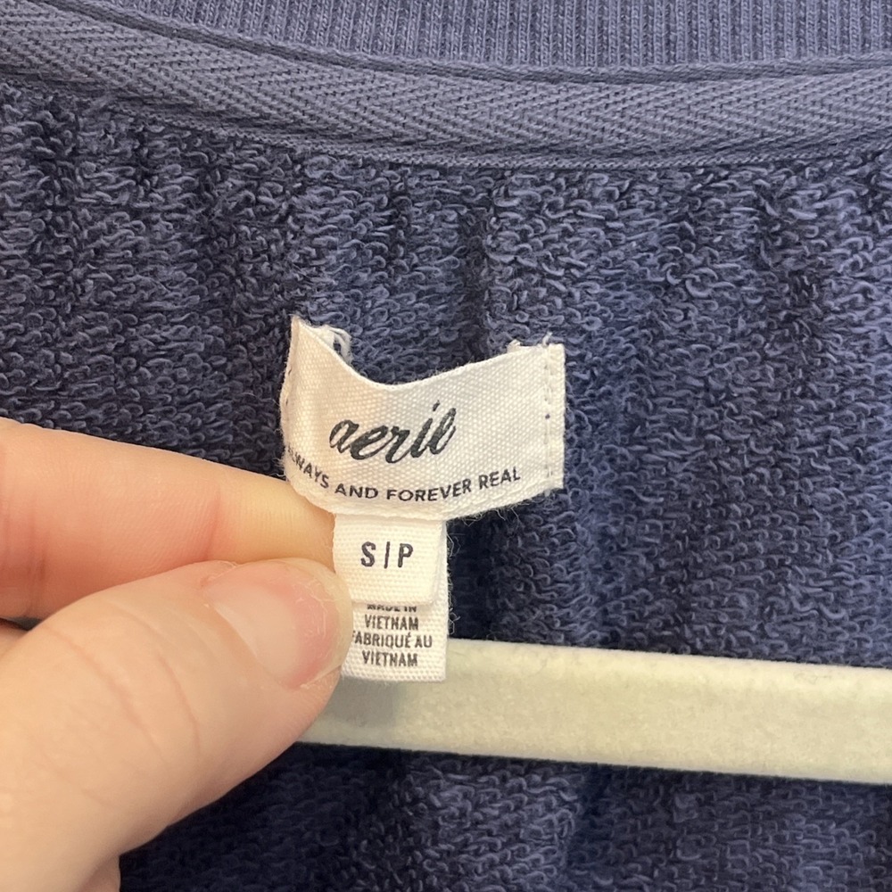 Aerie Textured Pullover Sweatshirt Women's Blue V-Neck Pom Pom Tassel‎ Sz Small - Picture 7 of 11